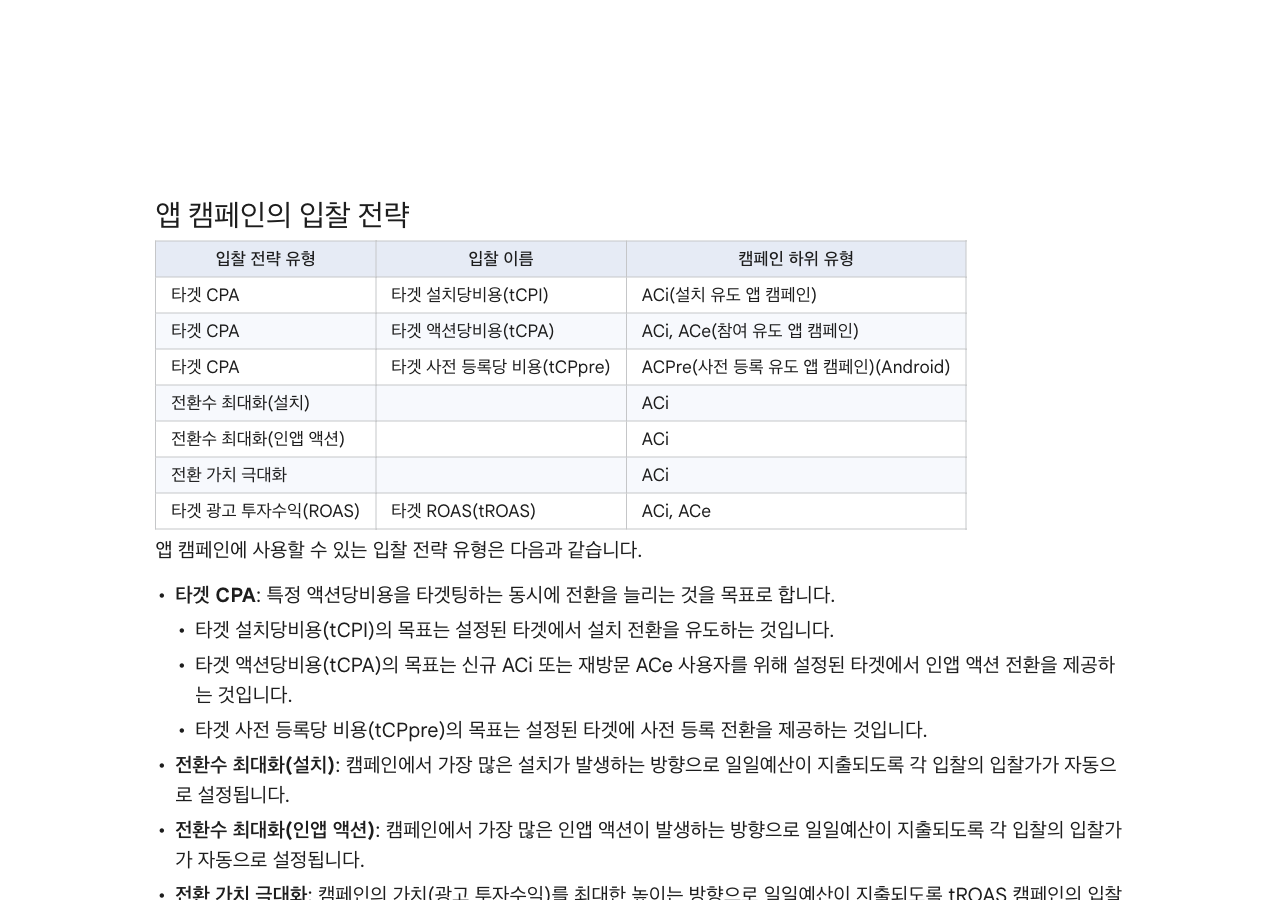 구글 광고 고객센터의 앱 캠페인 입찰 전략 안내 화면. 타겟 CPA와 전환수 최대화, 타겟 ROAS 등 입찰 전략 유형과 각각에 대응하는 입찰 이름, 캠페인 하위 유형이 표로 정리되어 있다