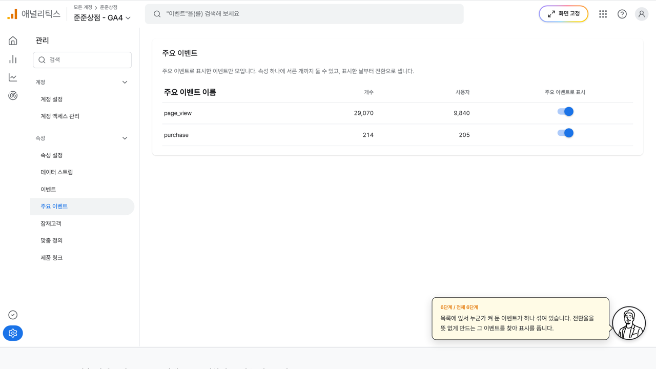 표시된 이벤트만 모인 GA4 주요 이벤트 화면