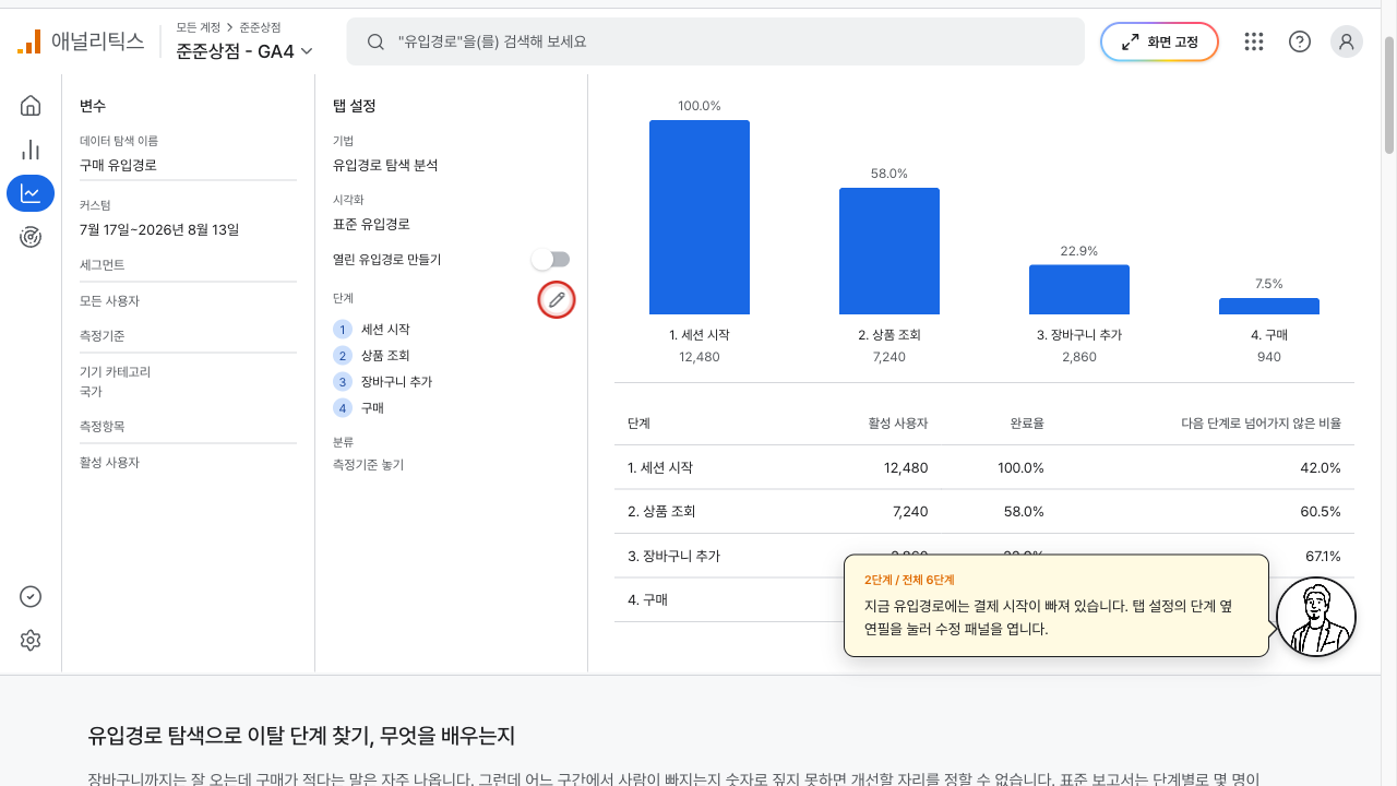 탭 설정에 네 단계가 놓인 유입경로 탐색 화면