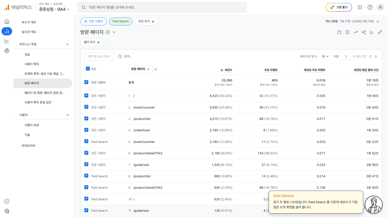 비교 열이 붙어 모든 사용자와 Paid Search 줄이 함께 놓인 방문 페이지 표