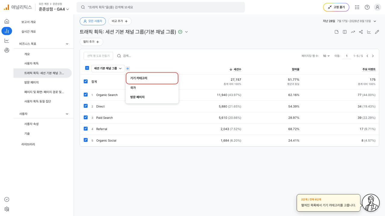 보조 측정기준 목록에서 기기 카테고리에 빨간 상자가 그려진 화면