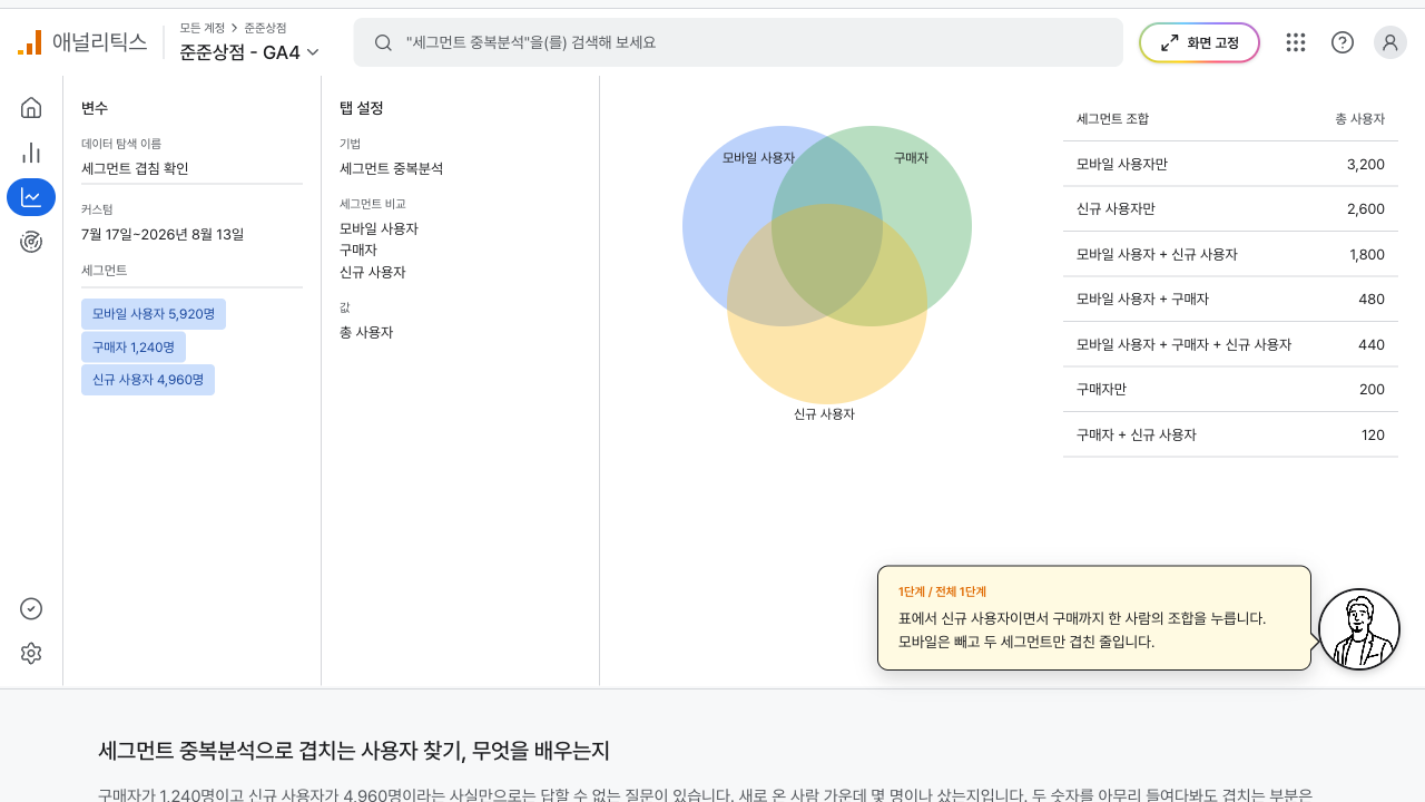 세 세그먼트가 겹친 원 그림과 조합별 표가 함께 놓인 GA4 탐색 화면