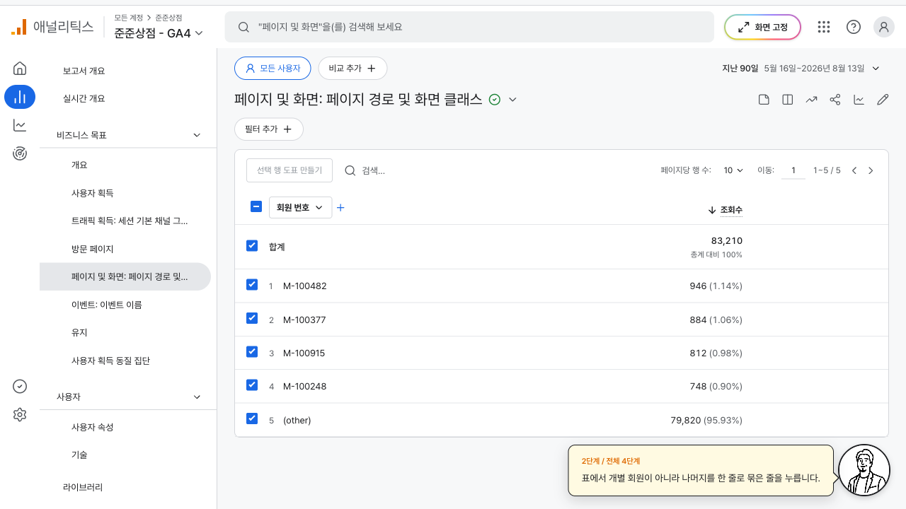 회원 번호 축으로 바꿔 (other) 행이 크게 나타난 표