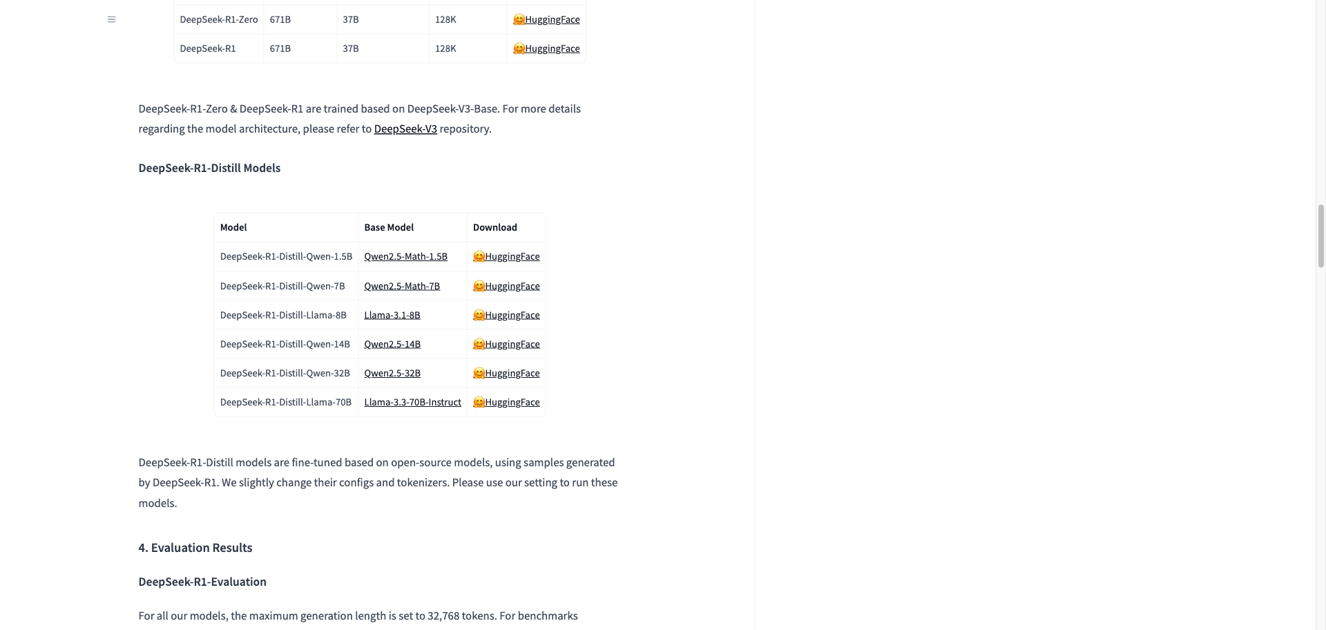 DeepSeek-R1 공식 모델 카드의 증류 모델 목록 표. DeepSeek-R1-Distill-Qwen-1.5B부터 Llama-70B까지 여섯 모델과 각각의 베이스 모델인 Qwen2.5, Llama-3.1, Llama-3.3이 짝지어져 있다