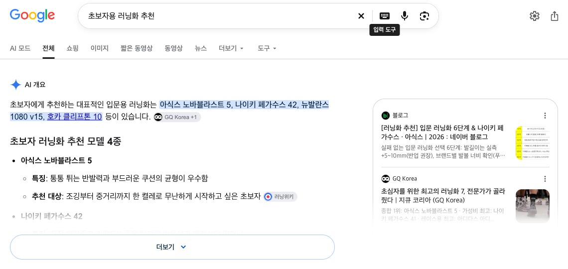 구글에서 초보자용 러닝화 추천을 검색한 화면. 링크 목록 위에 AI 개요가 먼저 나오고, 아식스 노바블라스트 5, 나이키 페가수스 42, 뉴발란스 1080 v15, 호카 클리프톤 10을 대표 입문용 러닝화로 소개한다. 오른쪽에는 네이버 블로그와 GQ Korea 출처 카드가 있다