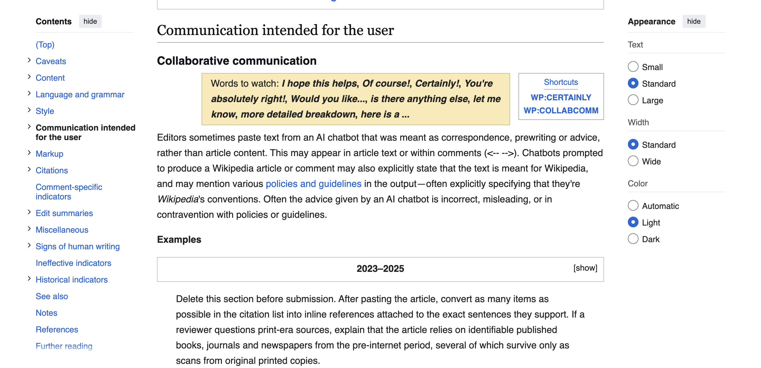 영어 위키백과 Signs of AI writing 문서의 Collaborative communication 항목 화면. 노란 칸에 I hope this helps, Of course!, Certainly!, You're absolutely right! 같은 조심할 표현 아홉 개가 나열되어 있다
