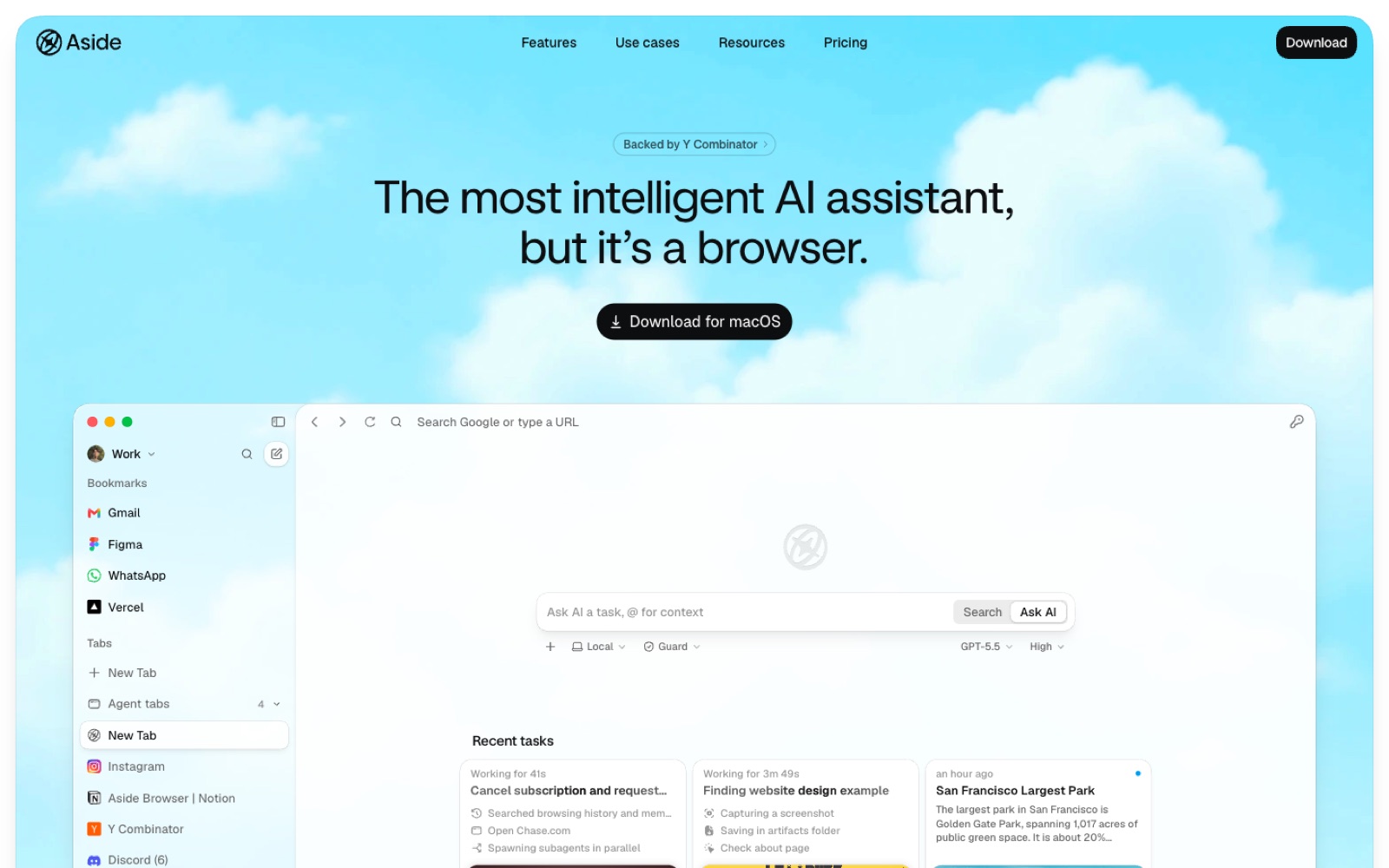 Aside 공식 사이트 첫 화면. The most intelligent AI assistant, but it's a browser라는 문구와 macOS 다운로드 버튼이 보인다