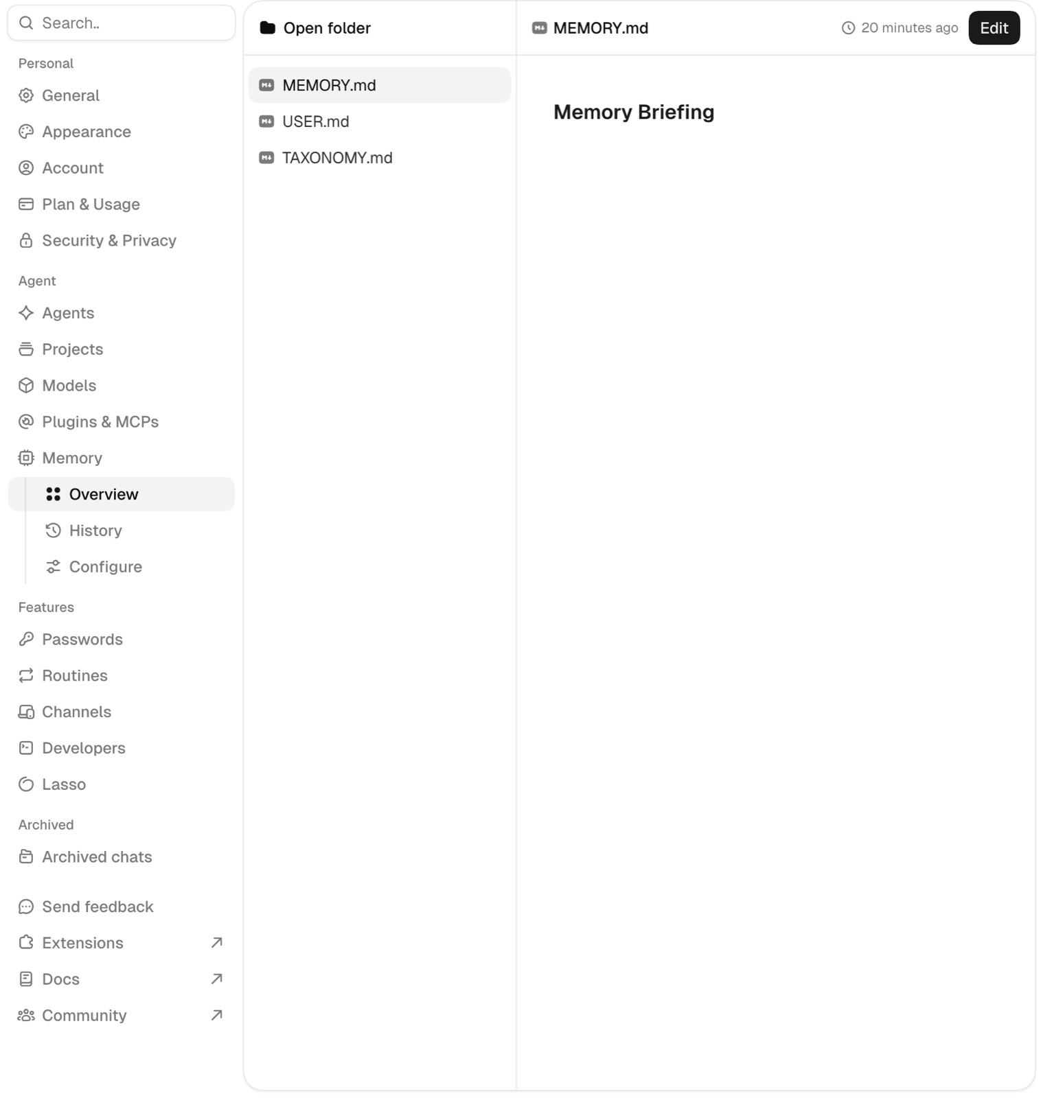 Aside 메모리 설정 화면. MEMORY.md, USER.md, TAXONOMY.md 마크다운 파일이 나열되어 있고 폴더 열기와 편집 버튼이 있다
