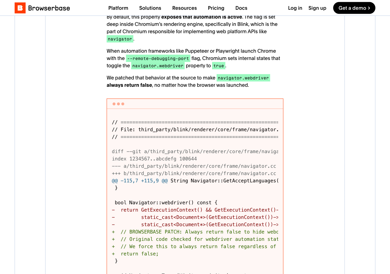 Browserbase 기술 블로그에 실린 크로미움 패치 코드. Blink 렌더링 엔진의 navigator.cc에서 webdriver 값이 항상 false를 반환하도록 고친 diff가 보인다
