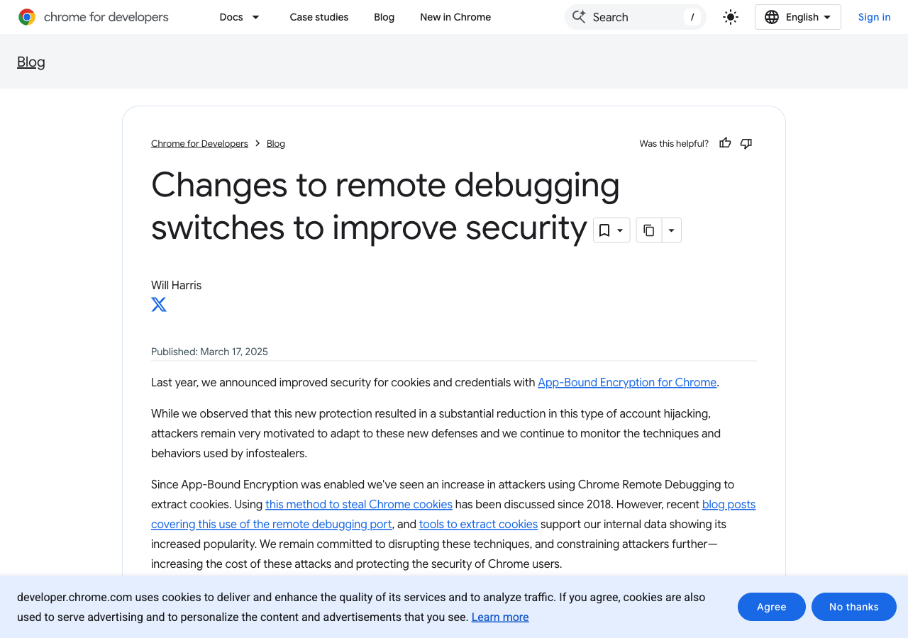 구글 Chrome for Developers 블로그의 공지 화면. Chrome 136부터 원격 디버깅 스위치가 기본 데이터 디렉터리에서 적용되지 않는다는 설명이 본문에 적혀 있다