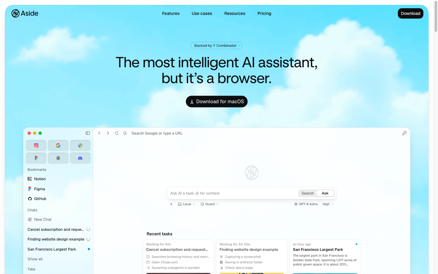 Aside 공식 홈페이지 첫 화면. The most intelligent AI assistant, but it's a browser라는 문구 아래에 macOS 다운로드 버튼과 작업 입력창, 진행 중인 작업 목록이 보이는 브라우저 화면이 표시되어 있다