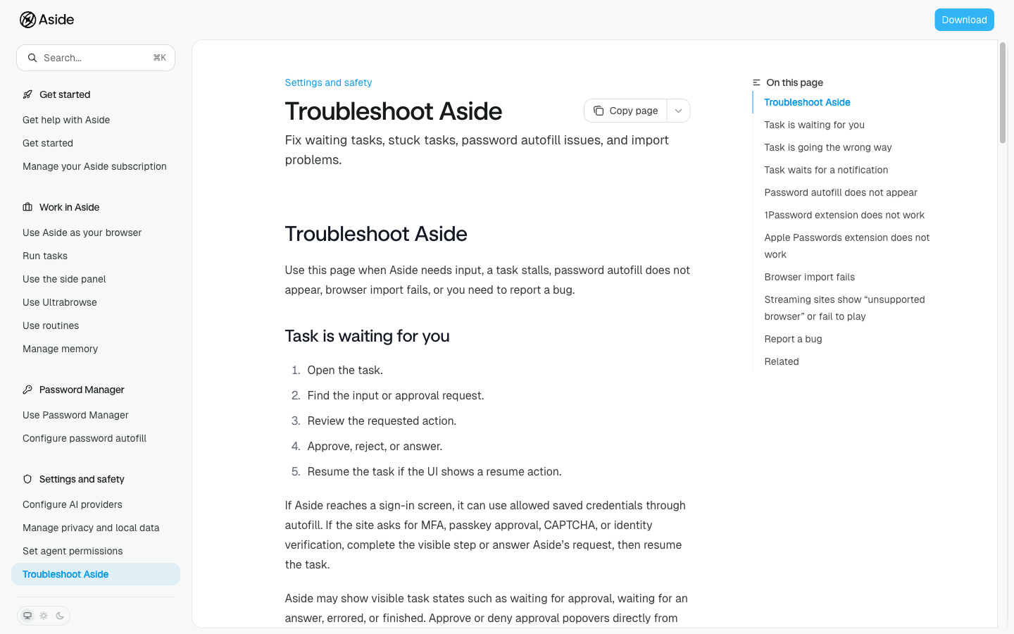 Aside 공식 도움말의 Troubleshoot Aside 페이지. Task is waiting for you 항목 아래에 사이트가 MFA, 패스키 승인, CAPTCHA, 신원 확인을 요구하면 보이는 단계를 직접 완료한 뒤 작업을 재개하라는 안내 문장이 표시되어 있다