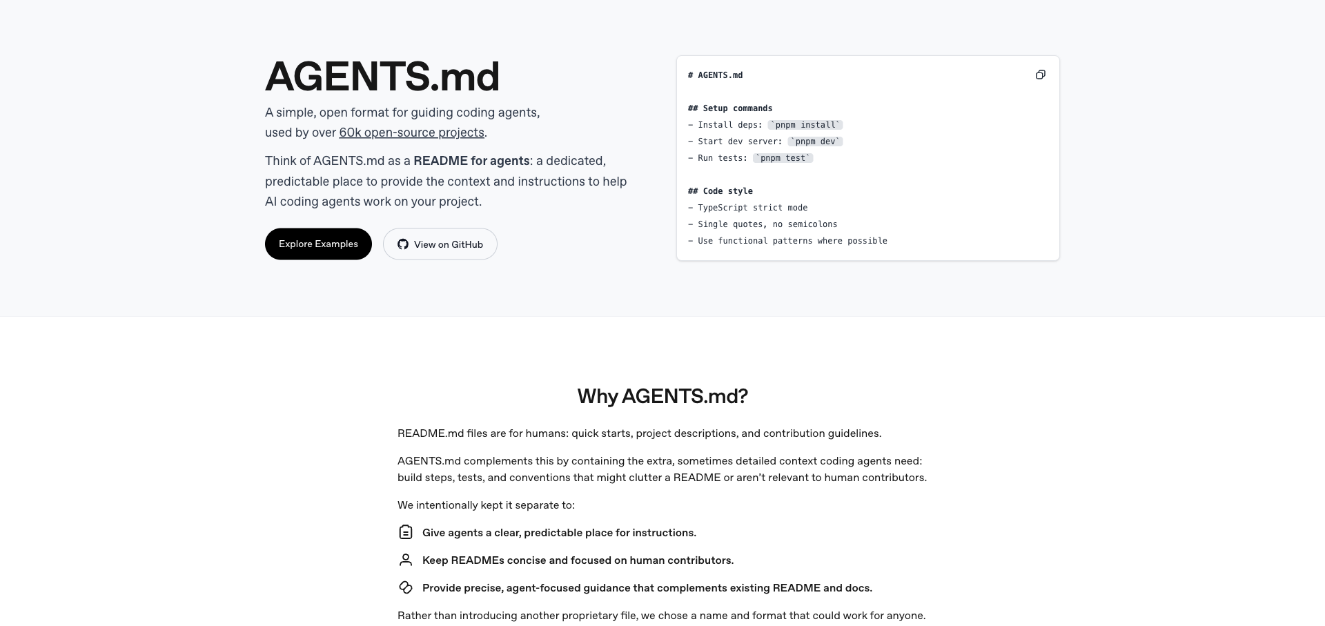 AGENTS.md 표준 공식 사이트 첫 화면. 코딩 에이전트를 위한 단순하고 개방된 형식이라는 설명과 6만 개가 넘는 오픈소스 프로젝트가 쓰고 있다는 문장이 있고, 오른쪽에 예시 파일 내용이 보인다