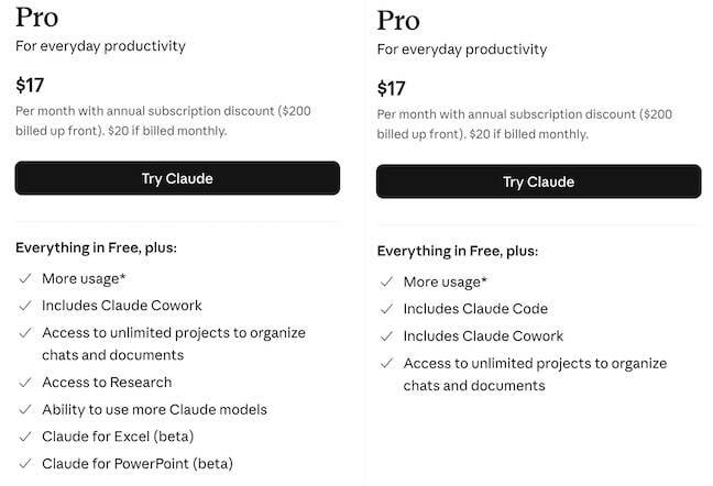Anthropic의 Claude 가격 페이지에서 Pro 플랜의 Claude Code 항목이 체크에서 X로 바뀐 전후 비교 스크린샷