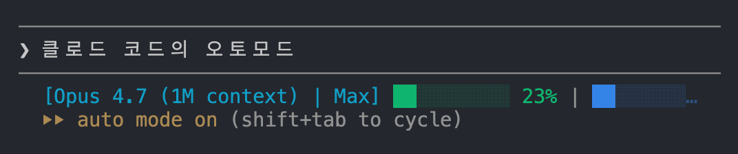 실제 Claude Code CLI 상태 표시줄. 'Opus 4.7 (1M context) | Max' 모델 정보와 23% 사용량 게이지가 위쪽에, '▶▶ auto mode on (shift+tab to cycle)' Auto 모드 활성화 표시가 아래쪽에 뜬 모습