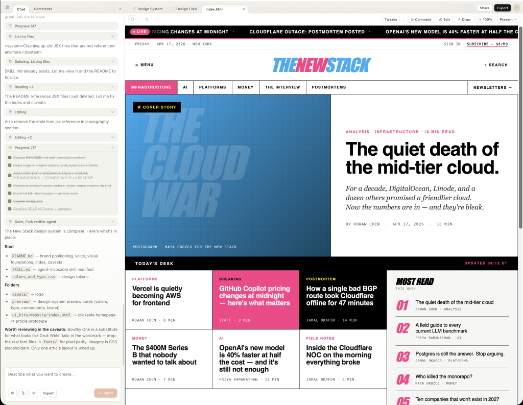 클로드 디자인의 디자인 시스템 편집 작업 화면, 색상·타이포그래피·컴포넌트가 한 화면에 정리돼 있다