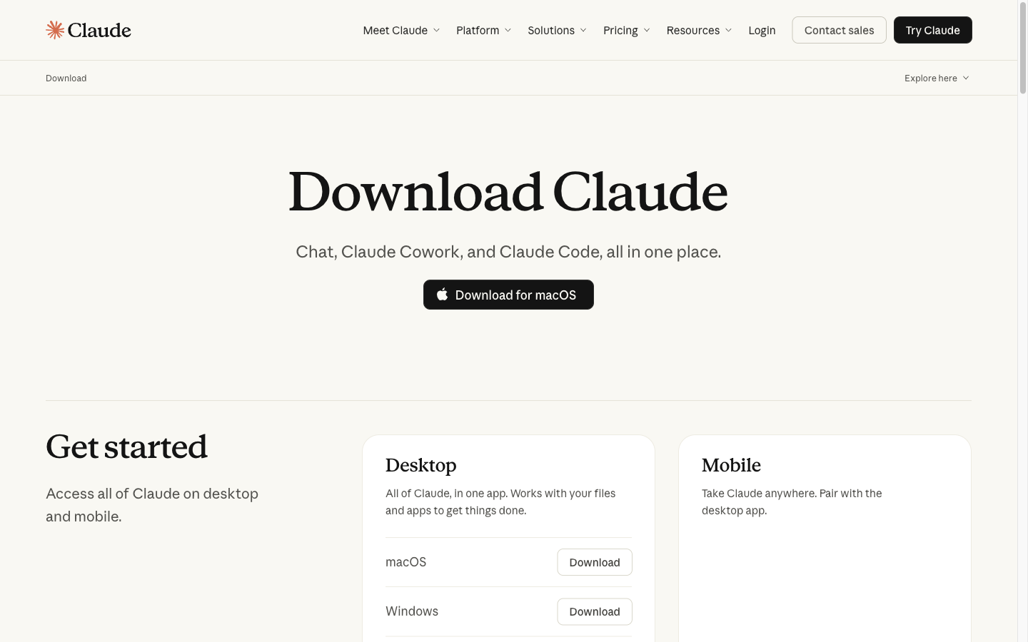 클로드 공식 다운로드 페이지. 가운데에 Download Claude 제목과 Download for macOS 버튼이 있고, 제목과 버튼 사이에 세 가지 기능을 한곳에 모았다는 영문 문구가 적혀 있다