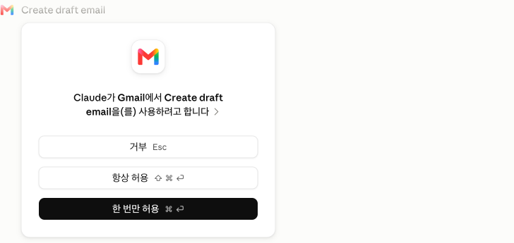 클로드의 도구 사용 승인 카드. Claude가 Gmail에서 Create draft email을 사용하려고 합니다라는 문구 아래 거부, 항상 허용, 한 번만 허용 버튼이 표시된다