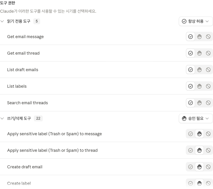Gmail 커넥터의 도구 권한 화면. 읽기 전용 도구 5종은 항상 허용, 쓰기와 삭제 도구 22종은 승인 필요가 기본값으로 설정되어 있다