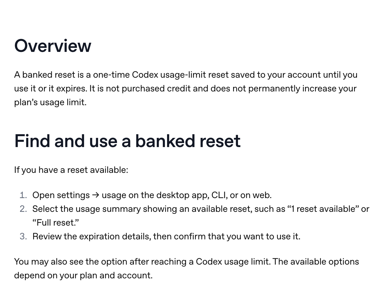 오픈AI 도움말 문서의 banked reset 설명 화면. banked reset은 쓰거나 만료될 때까지 계정에 저장되는 1회용 코덱스 사용량 한도 초기화이며 구매한 크레딧이 아니고 요금제 한도를 영구히 늘리지 않는다는 개요, 그리고 데스크톱 앱과 CLI와 웹의 설정에서 사용량을 열고 사용 가능한 초기화를 고른 뒤 만료 정보를 확인하고 확정하라는 세 단계 절차가 영어로 적혀 있다