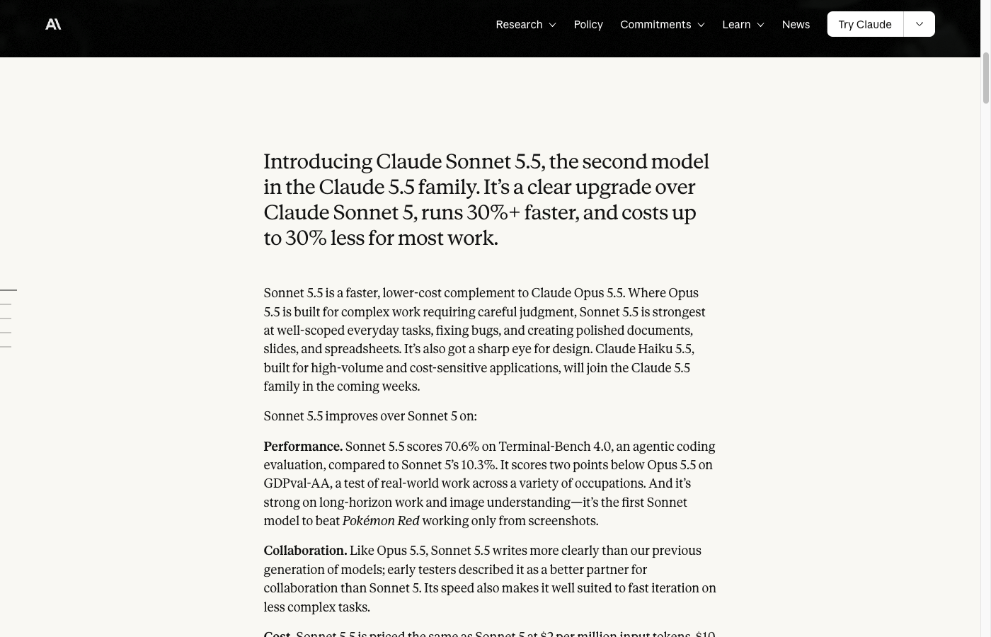 앤트로픽 Sonnet 5.5 발표문의 도입 부분. Claude 5.5 계열의 두 번째 모델이고 Sonnet 5보다 30% 이상 빠르며 대부분의 작업에서 비용이 최대 30% 낮다는 문장, Opus 5.5는 신중한 판단이 필요한 복잡한 작업용이고 Sonnet 5.5는 범위가 정해진 일상 작업과 버그 수정, 문서와 슬라이드와 스프레드시트 작성에 강하다는 설명, Haiku 5.5가 몇 주 안에 합류한다는 예고가 영어로 적혀 있다