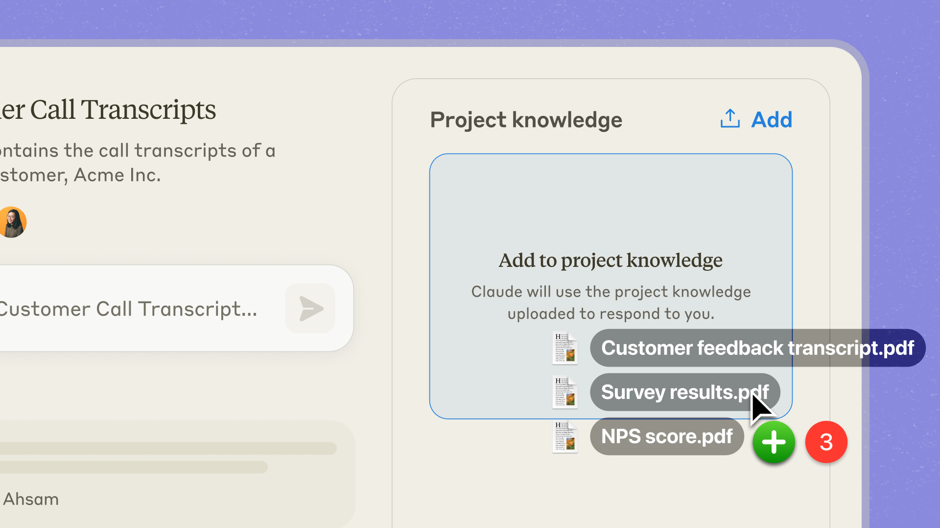 클로드 프로젝트의 Project knowledge 영역에 고객 통화 기록 PDF 세 개를 올리는 화면