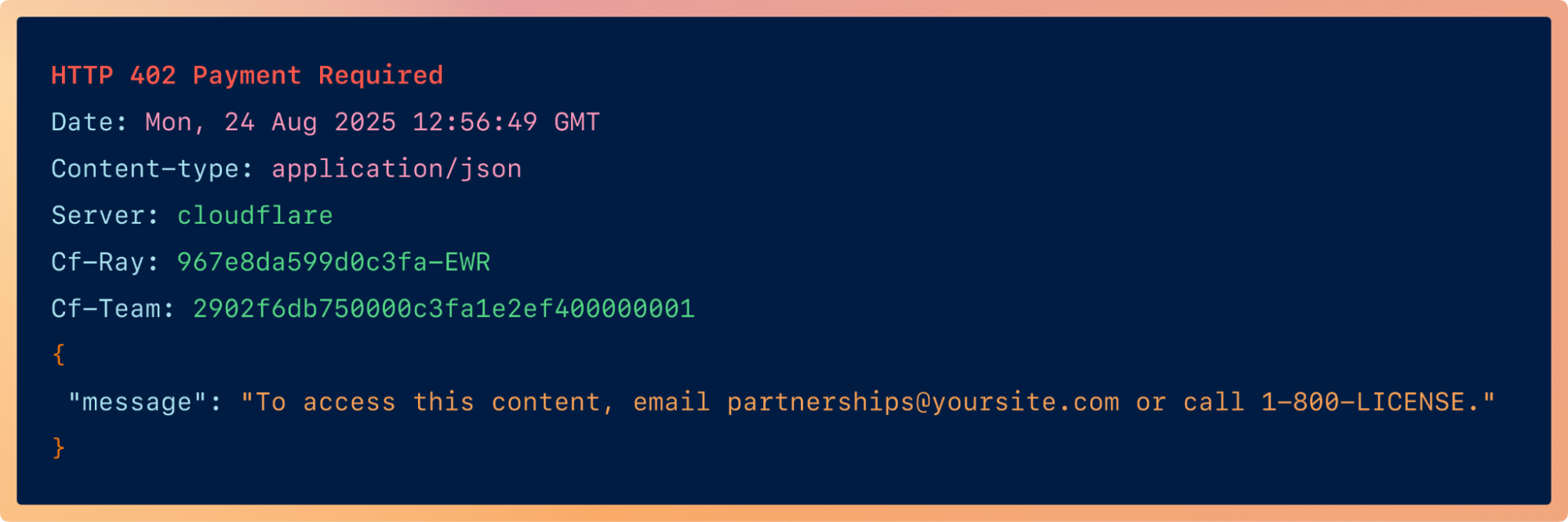 HTTP 402 Payment Required 응답 예시. 서버 헤더에 cloudflare가 찍혀 있고, 본문 메시지에 콘텐츠를 이용하려면 제휴 담당자에게 메일이나 전화로 연락하라는 안내가 들어 있다