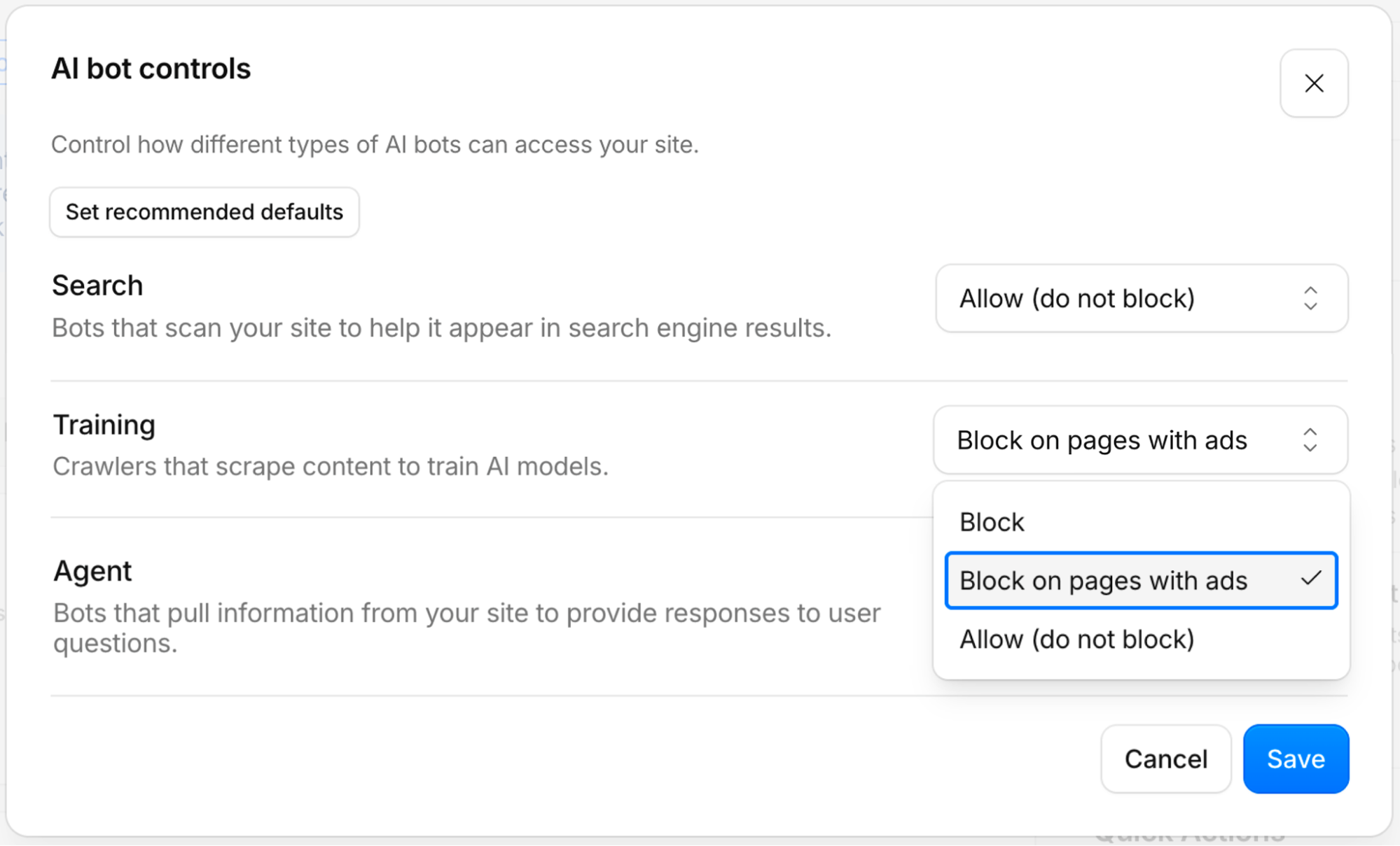 클라우드플레어의 AI 봇 제어 설정 화면. Search, Training, Agent 세 항목이 있고 각각 Block, Block on pages with ads, Allow 가운데 하나를 고르게 되어 있다