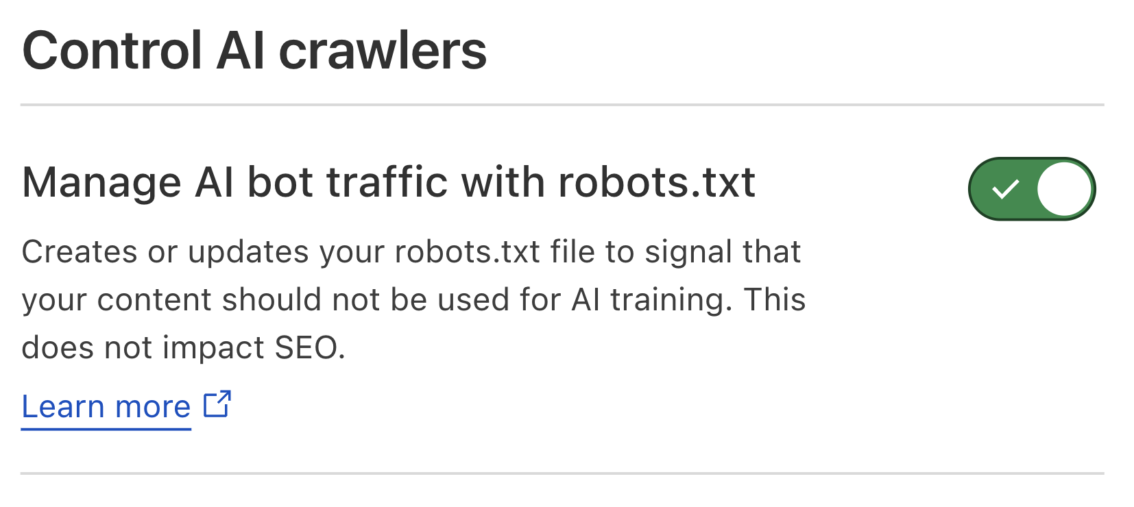 클라우드플레어의 AI 크롤러 제어 설정. robots.txt로 AI 봇 트래픽을 관리하는 토글이 켜져 있고, 파일을 만들거나 갱신하며 검색 최적화에는 영향이 없다는 설명이 붙어 있다