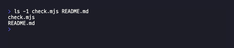 터미널에서 ls -1 check.mjs README.md를 입력한 화면. 두 파일이 모두 목록에 나온다