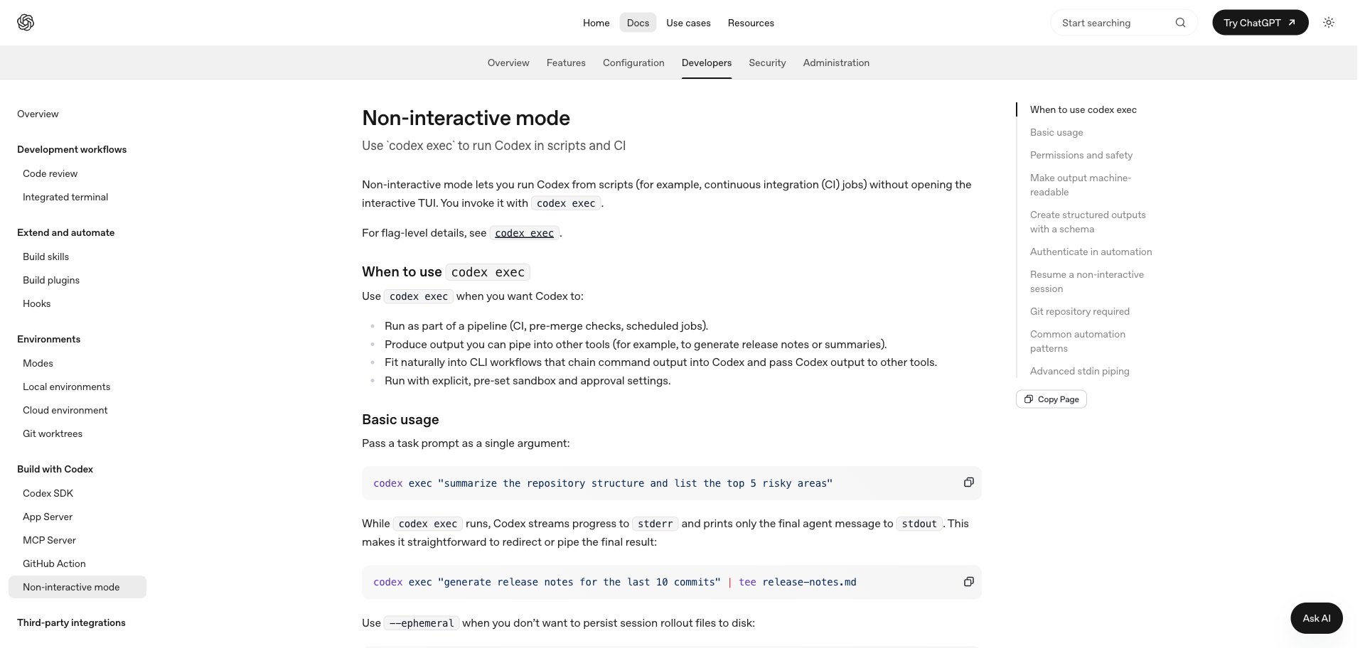 OpenAI 코덱스 공식 문서의 Non-interactive mode 페이지. codex exec를 쓰는 경우를 네 가지로 설명하고 있다