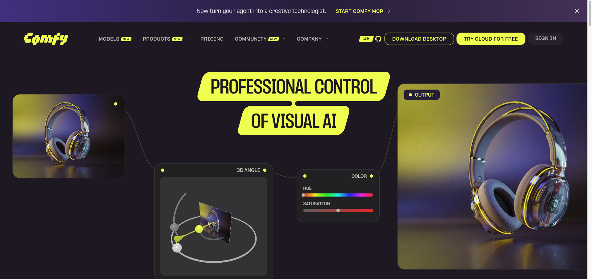 컴피 공식 사이트 첫 화면. Professional Control of Visual AI라는 문구 아래 왼쪽에 입력 이미지, 가운데에 3D 각도와 색상을 조절하는 노드 상자, 오른쪽에 결과 이미지가 선으로 이어져 있고 상단에는 깃허브 별 134K 표시와 Comfy MCP 안내 배너가 있다