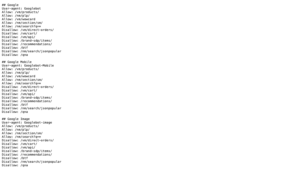 쿠팡 m.coupang.com/robots.txt 파일의 윗부분. Google 주석 아래 Googlebot에게 /vm/products/, /nm/plp/, /vm/wowcard, /nm/section/sm/, /nm/search?q=*를 허용하고 장바구니와 바로구매, api, 추천, qna 경로를 막는 규칙이 적혀 있고 같은 규칙이 Googlebot-Mobile과 Googlebot-image에 반복된다