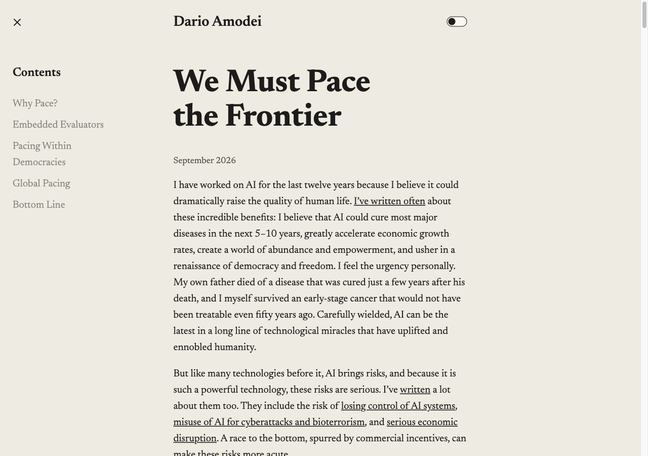 다리오 아모데이 개인 사이트에 게시된 We Must Pace the Frontier 에세이 화면. 제목 아래 September 2026 날짜가 있고 왼쪽에 Why Pace, Embedded Evaluators, Pacing Within Democracies, Global Pacing, Bottom Line 다섯 개 목차가 표시되어 있다