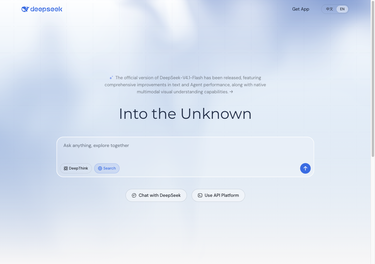 딥시크 공식 홈페이지 첫 화면. 가운데 입력창 아래에 DeepThink와 Search 버튼이 있고 그 아래 Chat with DeepSeek와 Use API Platform 버튼이 나란히 놓여 있으며 화면 위쪽에 DeepSeek-V4.1-Flash 정식 출시 안내가 표시되어 있다