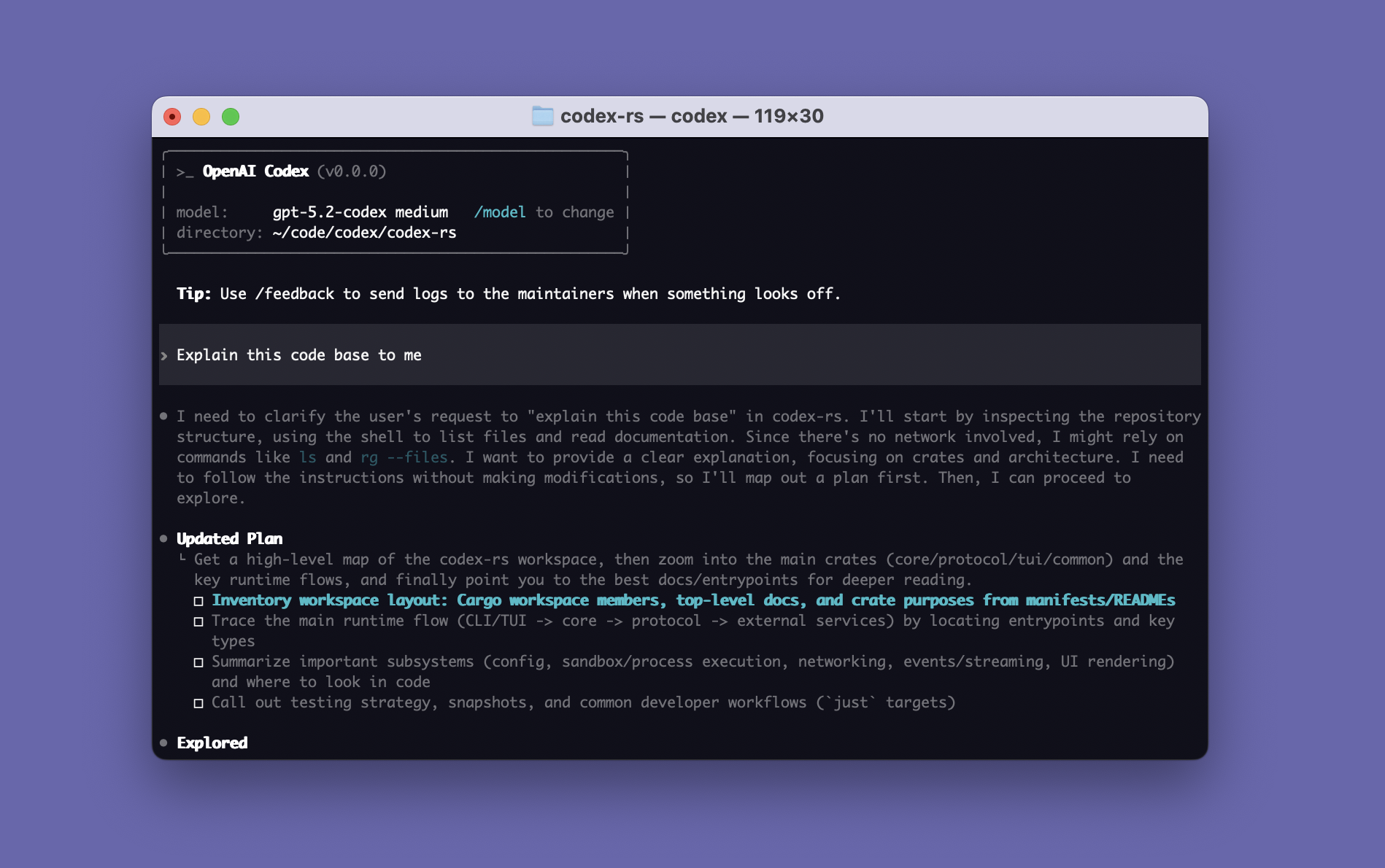 OpenAI 코덱스 CLI 실행 화면. 상단에 현재 모델 이름과 작업 디렉터리가 표시되고 모델 교체 명령 안내가 함께 보인다