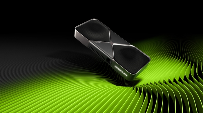 엔비디아 공식 이미지. 검은 배경 위에 GeForce RTX 5090 파운더스 에디션 카드가 비스듬히 놓여 있고 아래로 초록색 물결무늬가 깔려 있음
