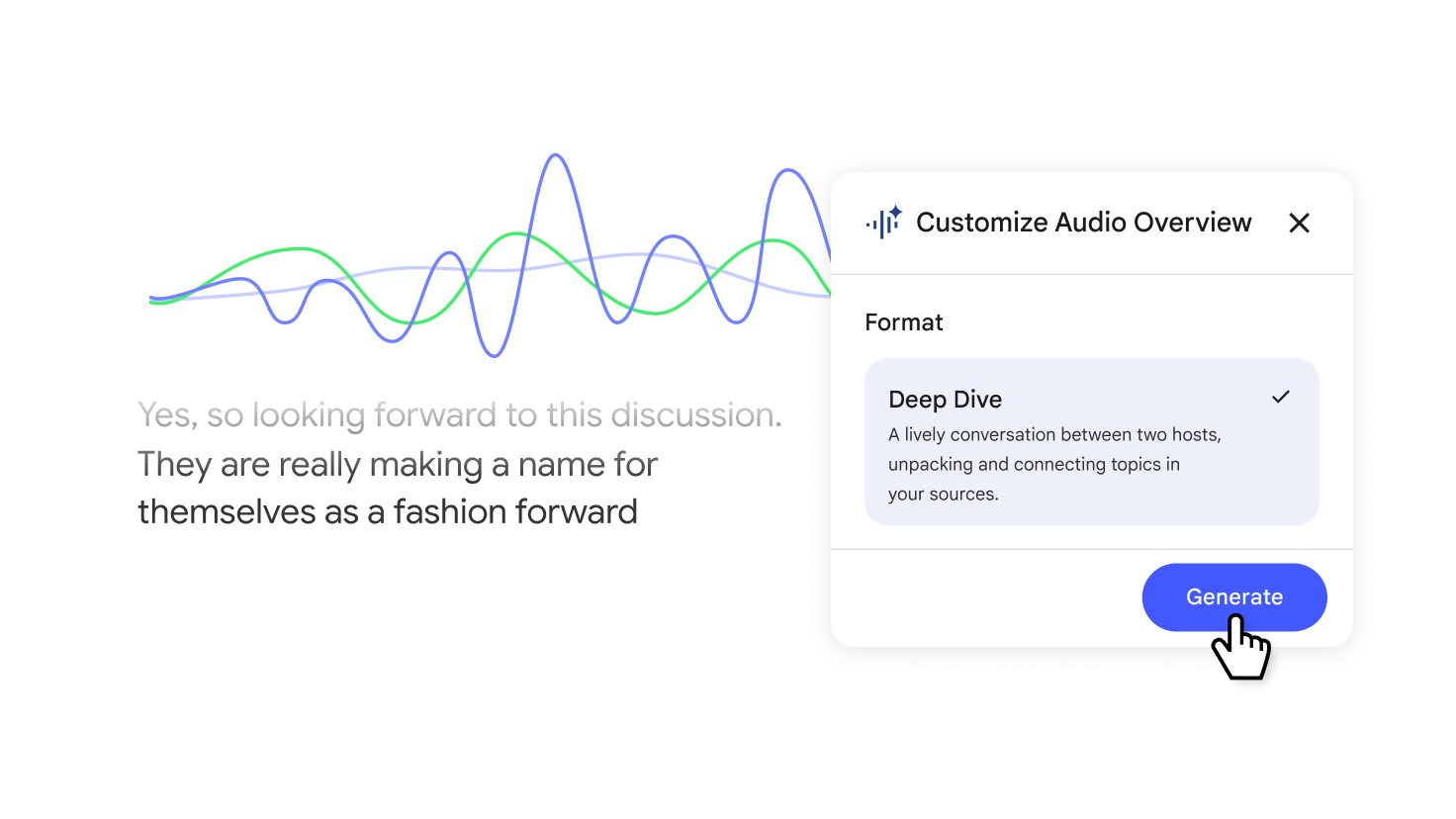 제미나이 노트북에서 Audio Overview 형식을 선택하고 Deep Dive 결과물을 생성하는 Google 공식 화면
