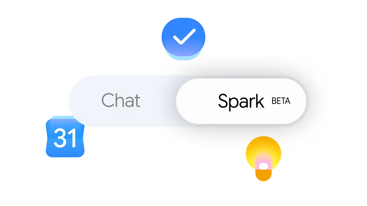 제미나이 앱에서 Chat과 Spark 베타 모드를 전환하는 탭, 주변에 캘린더와 할 일 아이콘이 함께 배치된 구글 공식 소개 이미지