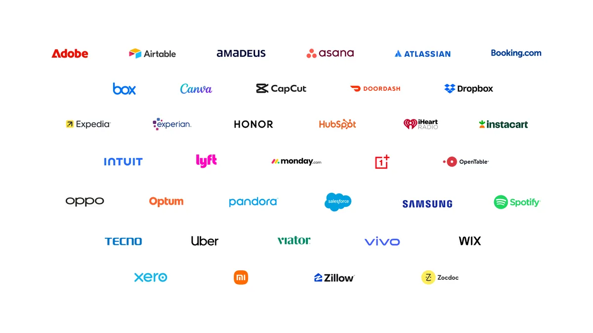 Adobe, Canva, Salesforce, Spotify, Uber 등 제미나이 스파크와 연동되는 파트너 서비스 로고를 모은 구글 공식 이미지