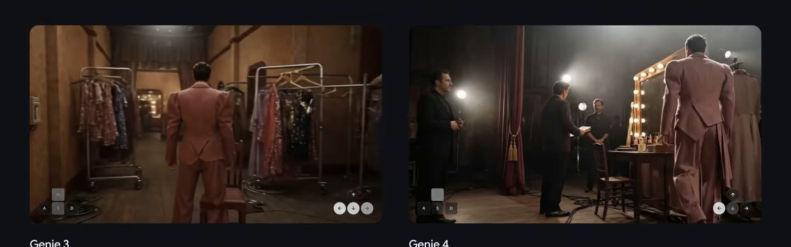 딥마인드가 공개한 비교 영상의 한 장면. 왼쪽 지니 3 화면에는 분홍 정장을 입은 남자가 옷걸이 사이 복도에 뒷모습으로 서 있고 화면이 다소 흐리다. 오른쪽 지니 4 화면에는 같은 정장의 남자가 조명이 켜진 분장 거울 앞에 서 있고, 주변에 대본을 든 사람과 스태프 세 명이 또렷하게 보인다