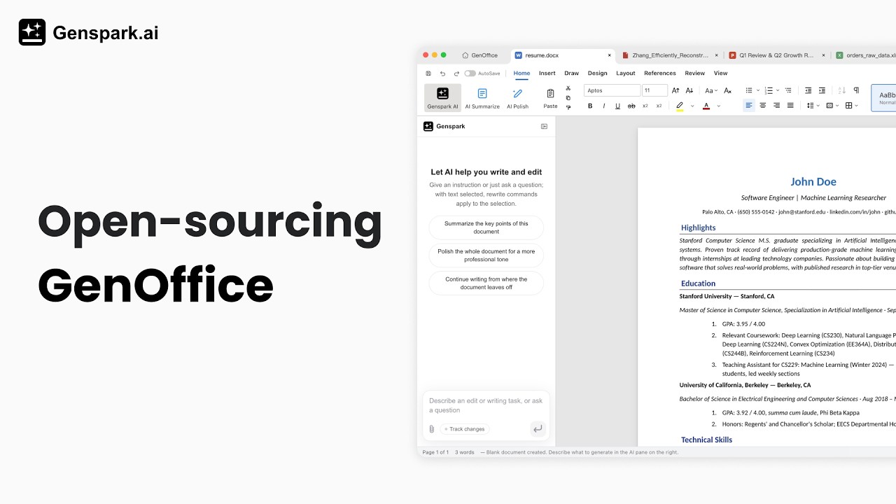 GenOffice Docs 실행 화면. 워드와 비슷한 리본 메뉴 위에 Genspark AI, AI Summarize, AI Polish 버튼이 있고, 왼쪽에는 문서 요약과 문체 다듬기를 제안하는 AI 패널이, 오른쪽에는 편집 중인 이력서 문서가 표시되어 있다