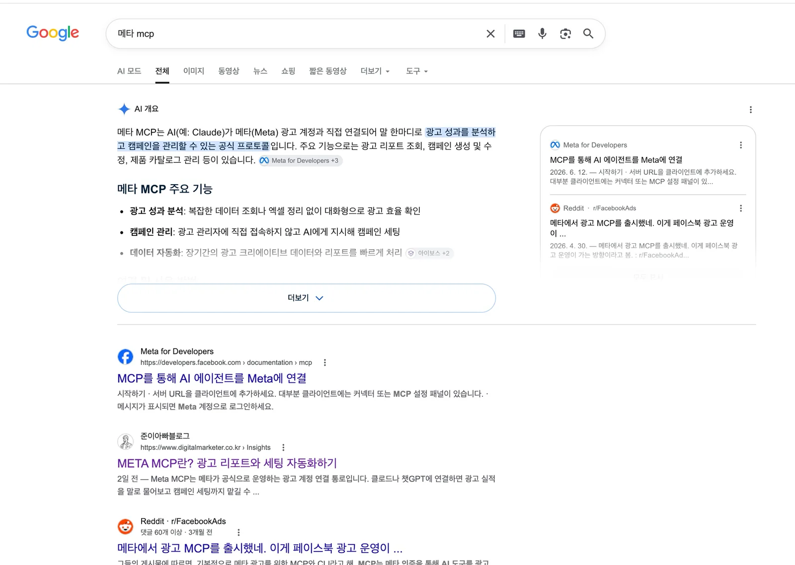 구글에서 메타 mcp를 검색한 결과 화면. AI 개요 아래 자연 검색 결과에서 준이아빠블로그의 META MCP 글이 공식 문서 다음인 2위에 노출되어 있다