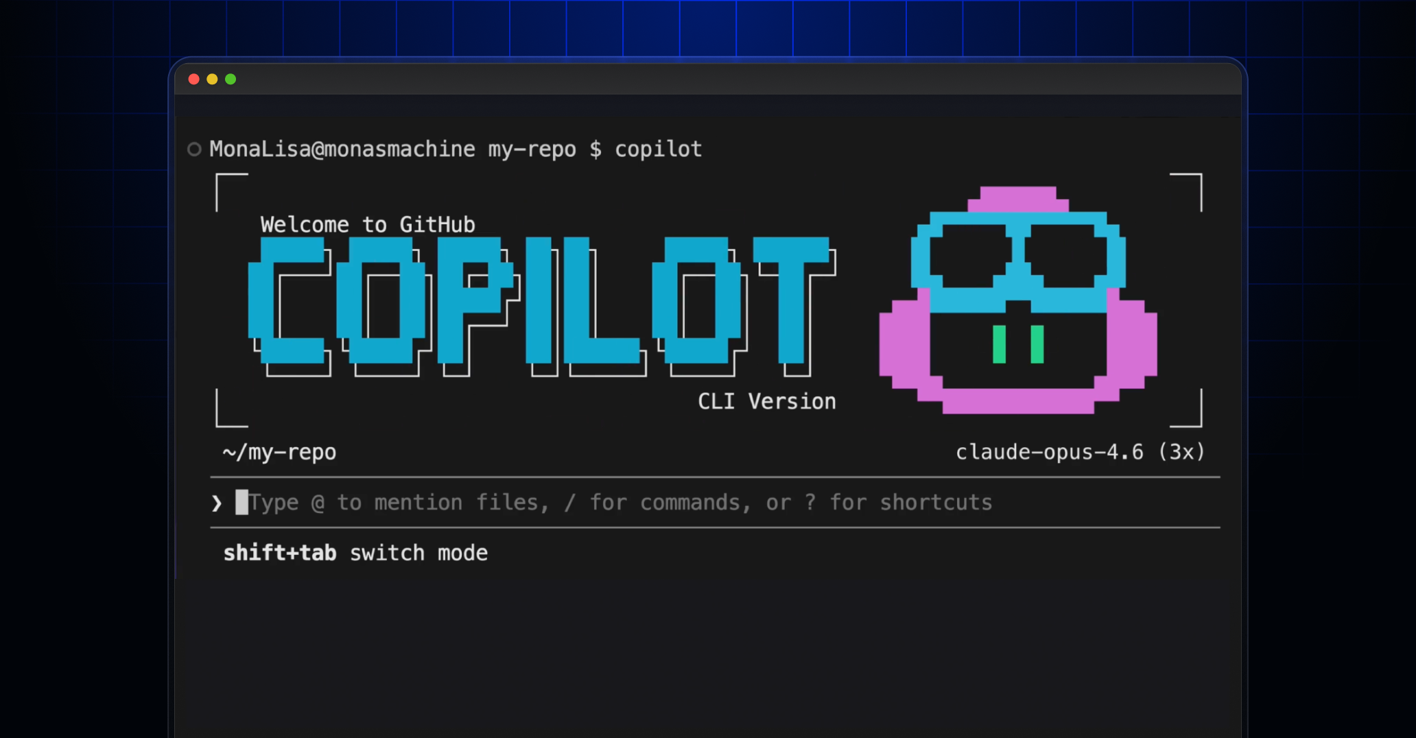 깃허브 코파일럿 CLI를 터미널에서 실행한 화면. 픽셀 글자로 된 COPILOT 로고 아래에 현재 폴더 경로와 고른 모델 이름이 표시되어 있고 입력창 아래에 모드 전환 안내가 있다