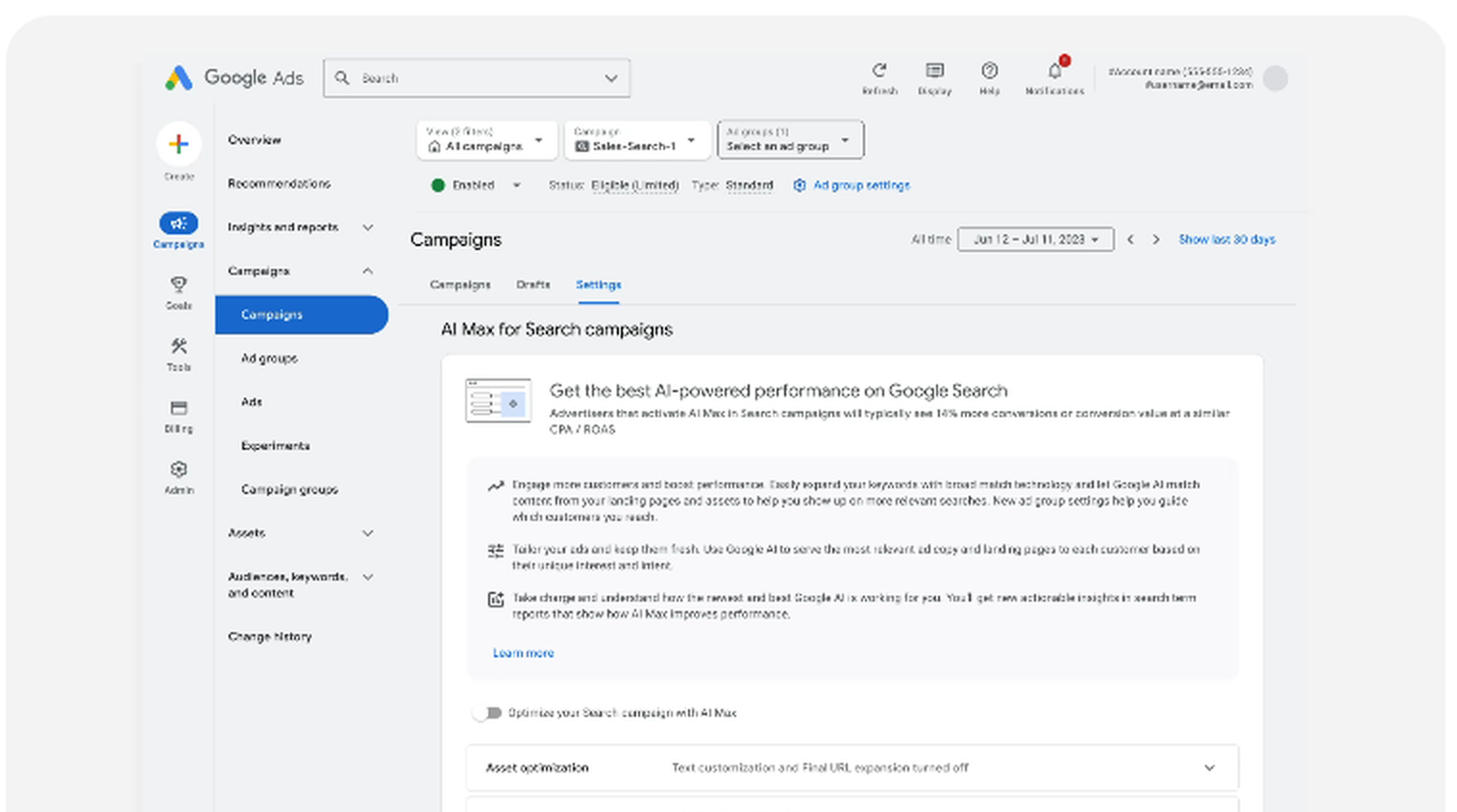 구글 애즈 캠페인 설정 화면의 AI Max for Search campaigns 항목. 상단에 AI Max 안내 카드가 있고 그 아래 Optimize your Search campaign with AI Max 토글과 Asset optimization 행에 Text customization and Final URL expansion turned off라고 표시되어 있으며 그 아래 Brands 행에 Limited to 0 brand lists가 보인다