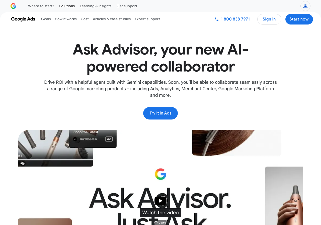 구글의 Ask Advisor 공식 소개 페이지. Ask Advisor, your new AI-powered collaborator라는 제목과 함께 Ads, Analytics, Merchant Center 등 여러 제품을 아우른다는 설명이 보인다