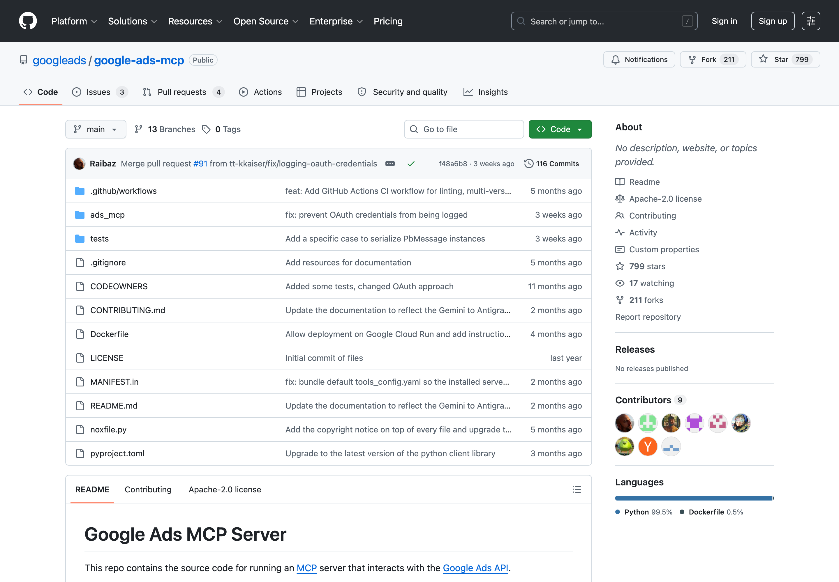 깃허브의 googleads 조직 아래 google-ads-mcp 저장소 화면으로 파일 목록과 아파치 2.0 라이선스, 파이썬 비중이 표시된 모습