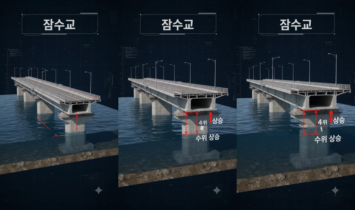 6초 클립에서 뽑은 세 장면. 상단 제목 잠수교는 세 장 모두 정확하게 나왔지만, 화면 가운데 라벨은 수위 상승이 아니라 4위 상승으로 글자가 바뀌어 나왔다