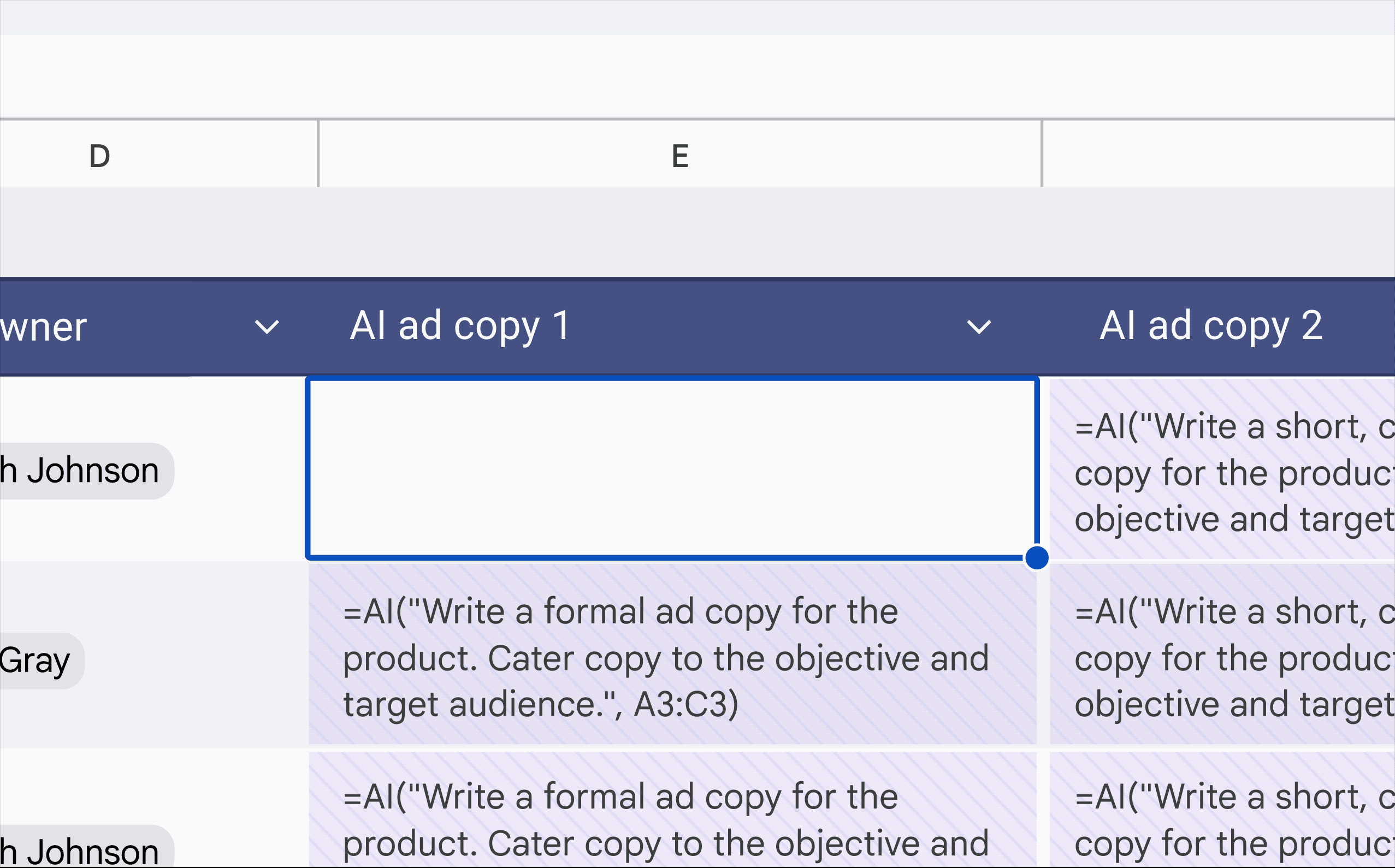 Google Sheets 셀에 AI 함수와 프롬프트를 입력하고 생성 결과를 삽입하는 과정을 보여주는 공식 화면