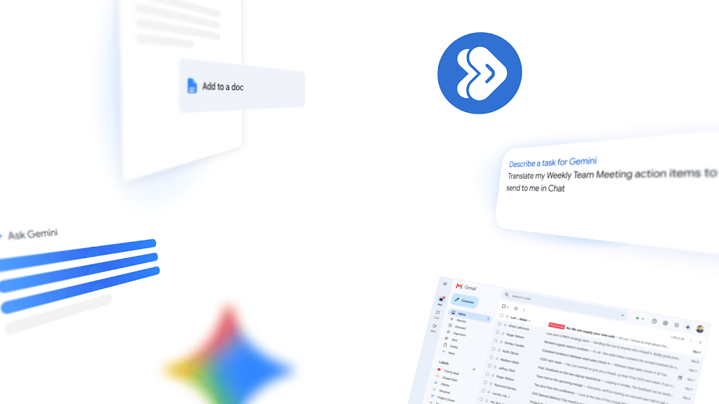 Gmail과 Google Workspace 아이콘, Gemini 프롬프트, 업무 자동화 예시가 함께 배치된 Google Workspace Studio 공식 소개 화면